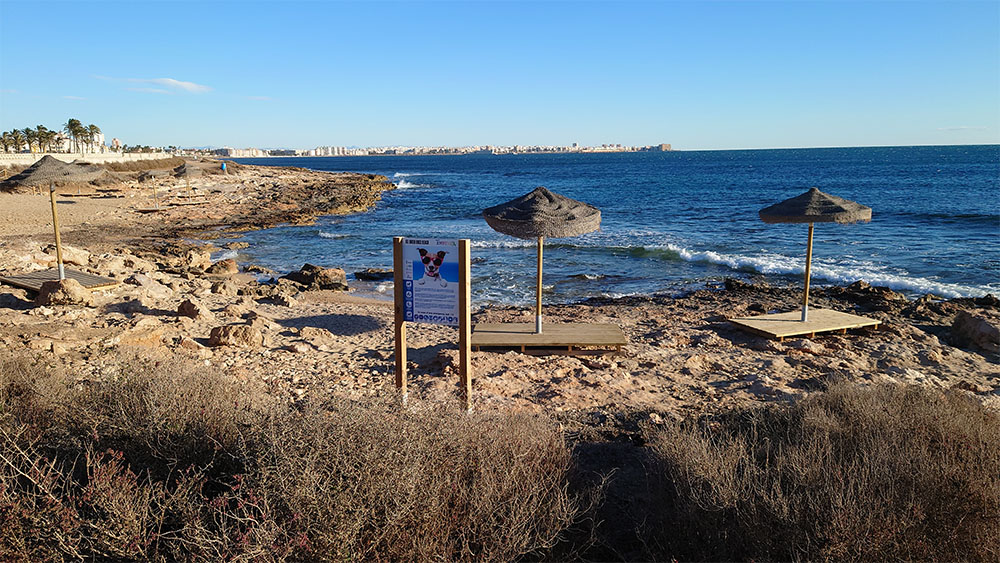 Stenig strand med en skylt som berättar att det är en hundbadplats.