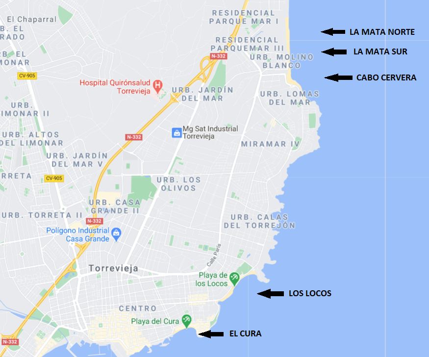 Karta som pekar ut att längst i norr i Torrevieja finns stränderna La Mata Norte, La Mata Sur och Cabo Cervera. Söderut närmare centrum finns Los Locos och El Cura.