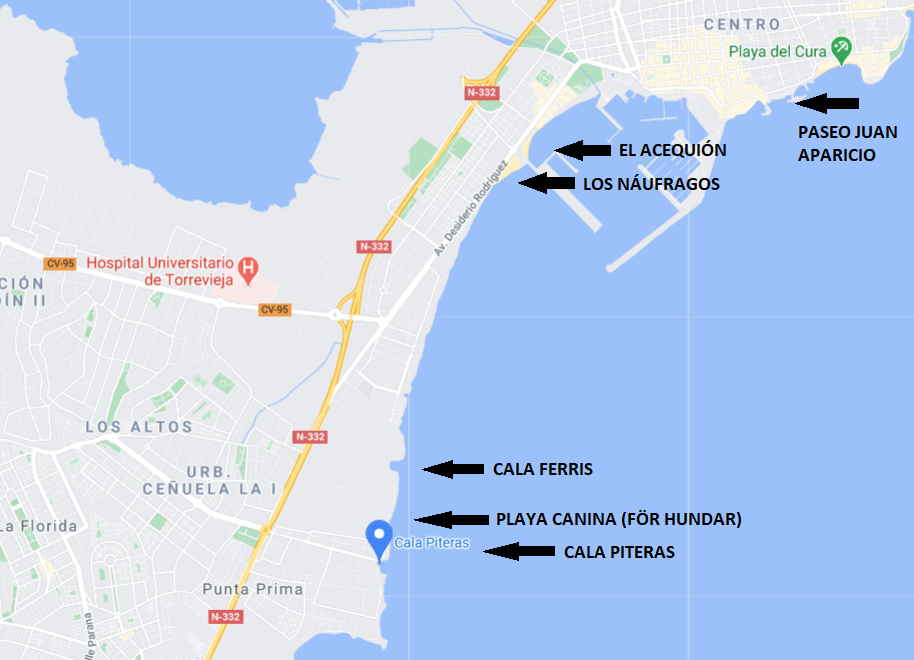 Karta som visar att i södra Torrevieja finns stränderna Cala Ferris, Cala Piteras och hundbadstranden Playa Canina. Mot centrum ligger Los Naufragos, El Acequion och Paseo Juan Aparicio