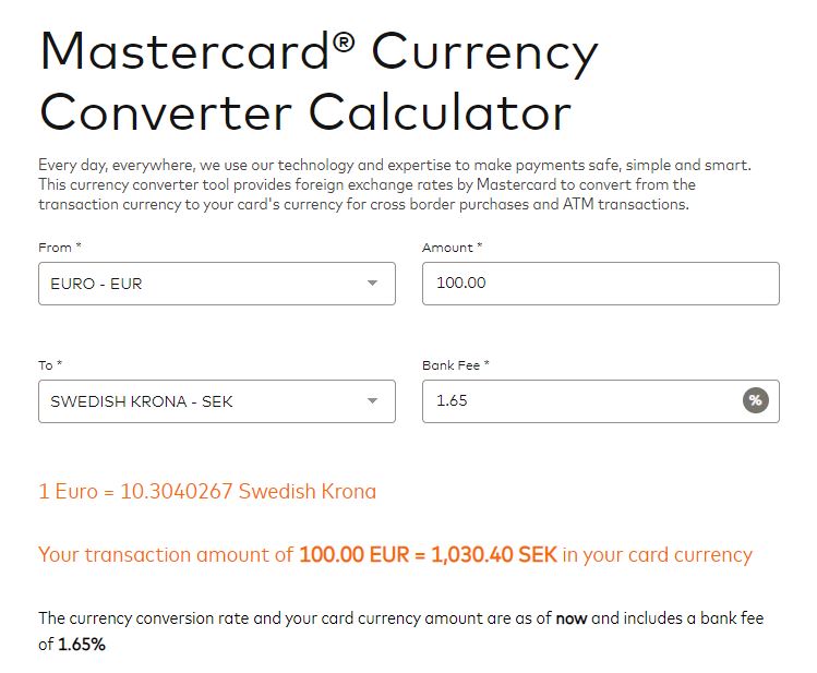 Skärmbild av mastercards valutaomvandlare