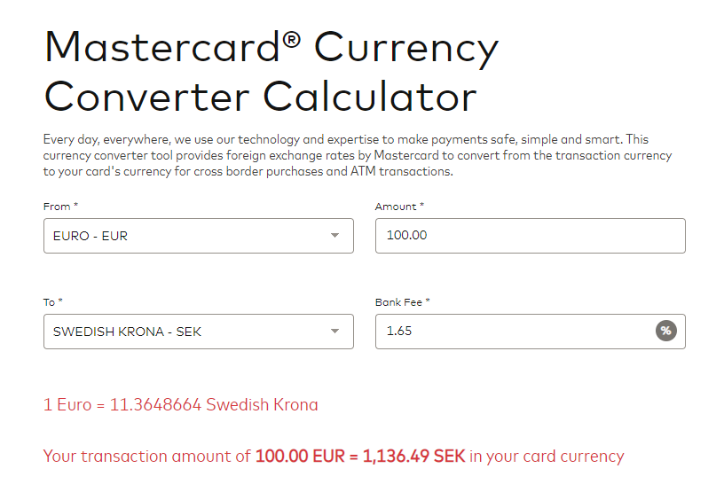 Formuläret i Mastercards valutaomvandlare.