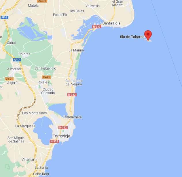 Kartbild som visar att ön Tabarca ligger utanför orten Santa Pola.