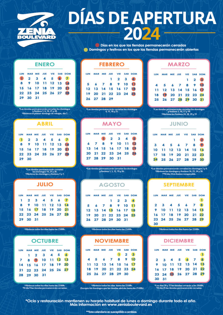 Kalender som visar vilka dagar Zenia Boulevard har öppet under 2024.