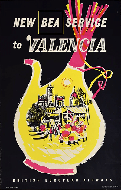 Tecknad bild av en spansk by inuti ett vinkrus med texten New BEA service to Valencia.