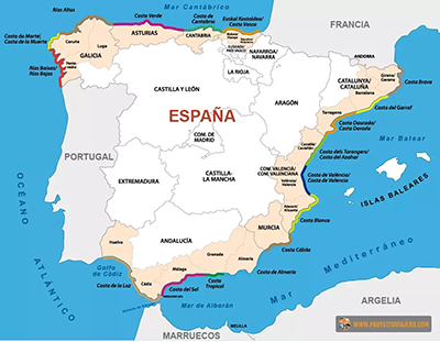 Karta över alla kuster i Spanien.